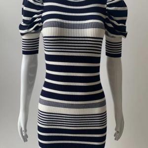 Women's Puff Short Sleeve Striped Ribbed Knit Mini Dress