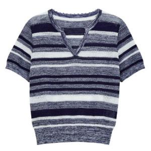 Women's Scalloped V-Neck Navy Heather Grey Stripe Hollow Short Sleeve Cashmere Knit Top