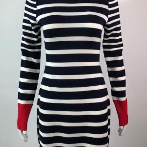 Women's Striped Red Trim Long Sleeve Knit Mini Dress