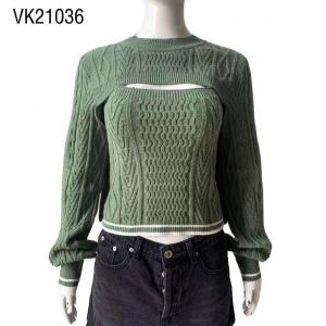 Spring and Autumn Cute Women's Knitted Tank Top Set Green O-neck cable knit loose long sleeves Cute Sleeveless Tank Top