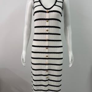Women's V Neck Stripe Sleeveless Waffle Knit Midi Dress