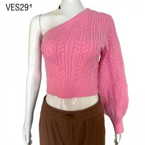 Women's high-quality solid color fitting single sided sleeve knit sweater, autumn and winter fashionable young girl single sided off shoulder pullover