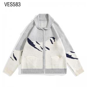 Fashionable cardigan loose zipper abstract graphic jacquard pocket knitted jacket long sleeved lapel daily clothing made in Chinese factory