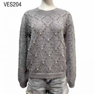 Women's winter diamond pattern handmade pearl decoration o neck pullover Grey loose fit oversized sweater