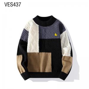 Customized men's high-quality patchwork style, unique small high neck pullover, oversized threaded sweater, small duck decoration, fashionable autumn top