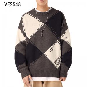 Customized classic large plaid pattern jacquard pullover with o-neck long sleeved sweater for men's comfort, fashion, street leisure and trendy clothing, made by the Chinese factory