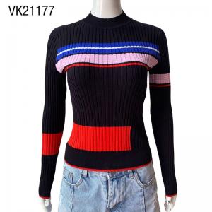 High quality women's slim fitting geometric graphic pullover Contrast color long sleeved knitted threaded sweater Daily casual fashion top