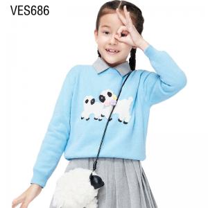 Customized high-quality children's thick lapel cartoon lamb applique long sleeved autumn and winter pullover cute sweater for little girls made in Chinese factory