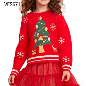 Customized high-quality pullover, Christmas cute children's clothing, classic Christmas tree jacquard, autumn and winter sweaters, long sleeved loose fitting outdoor tops, made in Chinese factories
