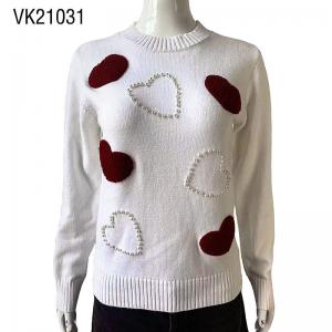 Cute autumn fitting pure white sweater with patchwork red heart handmade pearl decoration pullover A chic and fashionable knit top