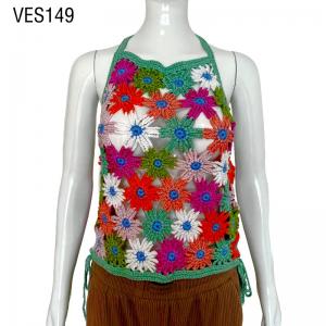 Summer refreshing hollow out crochet fit floral lace up vest Cute young girl vacation style