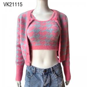 Autumn and winter trendy women's round neck bird plaid cardigan set Contrast color single breasted loose fitting cardigan Square neck knitted short vest