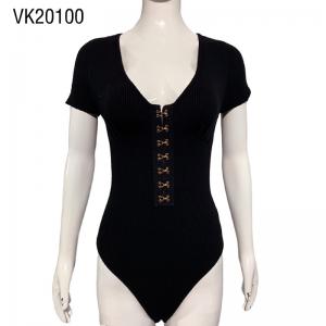 Hot selling women's black sexy short sleeved low cut Onesie Dark brown rivet casual fitness fit knit club party clothing
