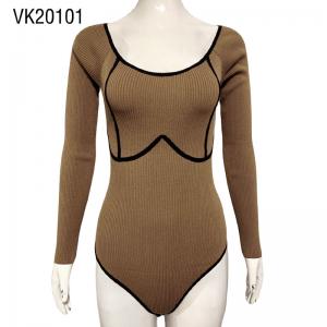 Hot selling women's sexy slim fitting striped knit deep o neck jumpsuit Long sleeved casual comfortable tight pajamas