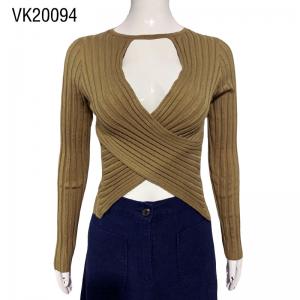 Hot selling women's sexy front cross over pullover Deep V-neck slim knit top with long sleeves Brown sweater